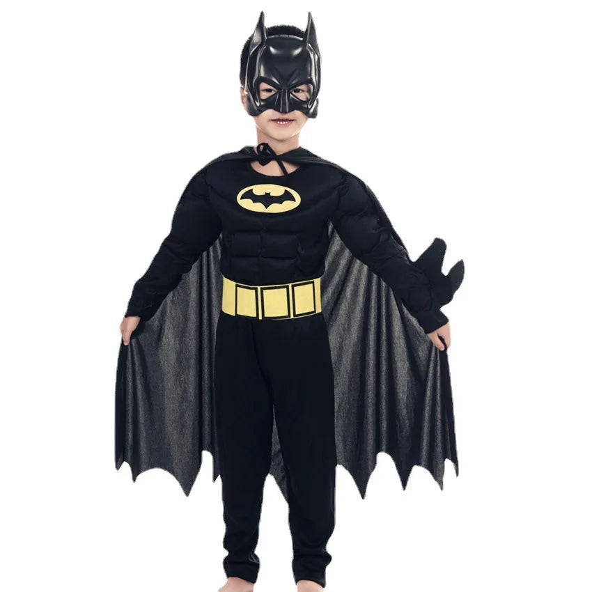 Kids Batman costume with cape featuring muscle chest design and iconic mask for superhero adventures
