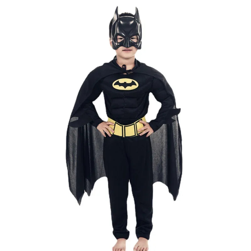 Kids Batman costume with cape featuring a black mask and iconic logo perfect for playtime or Halloween