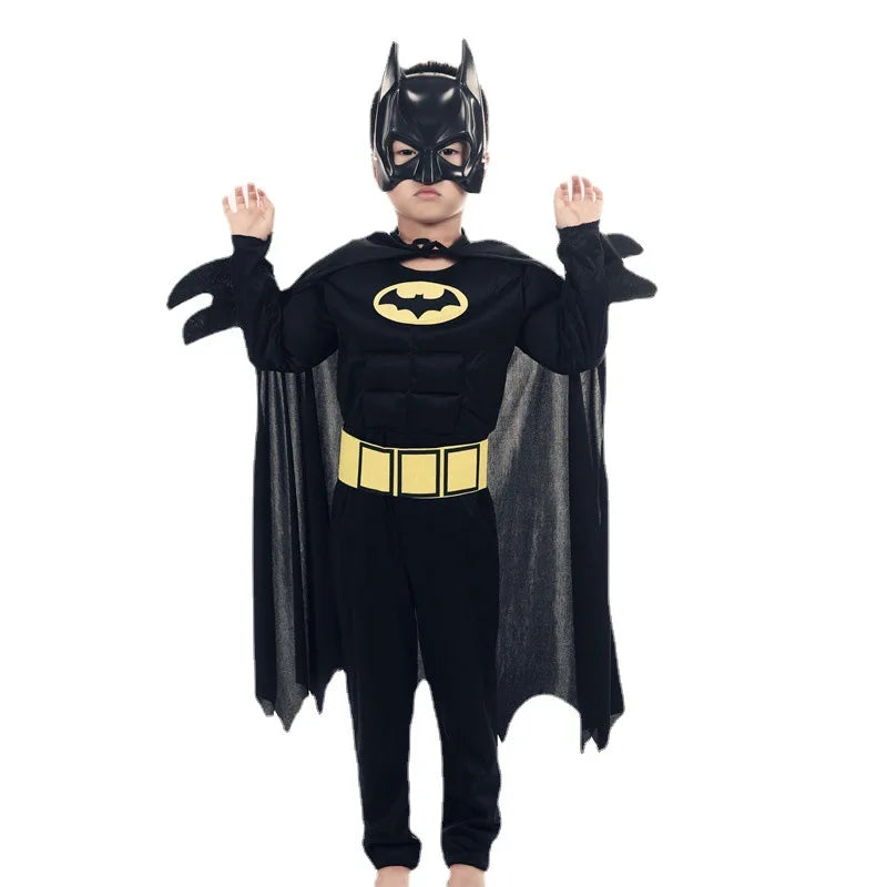 Kids Batman costume with cape featuring a black suit and iconic mask for Halloween fun