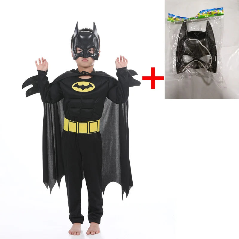Kids Batman costume with cape featuring iconic mask and bat details for superhero playtime