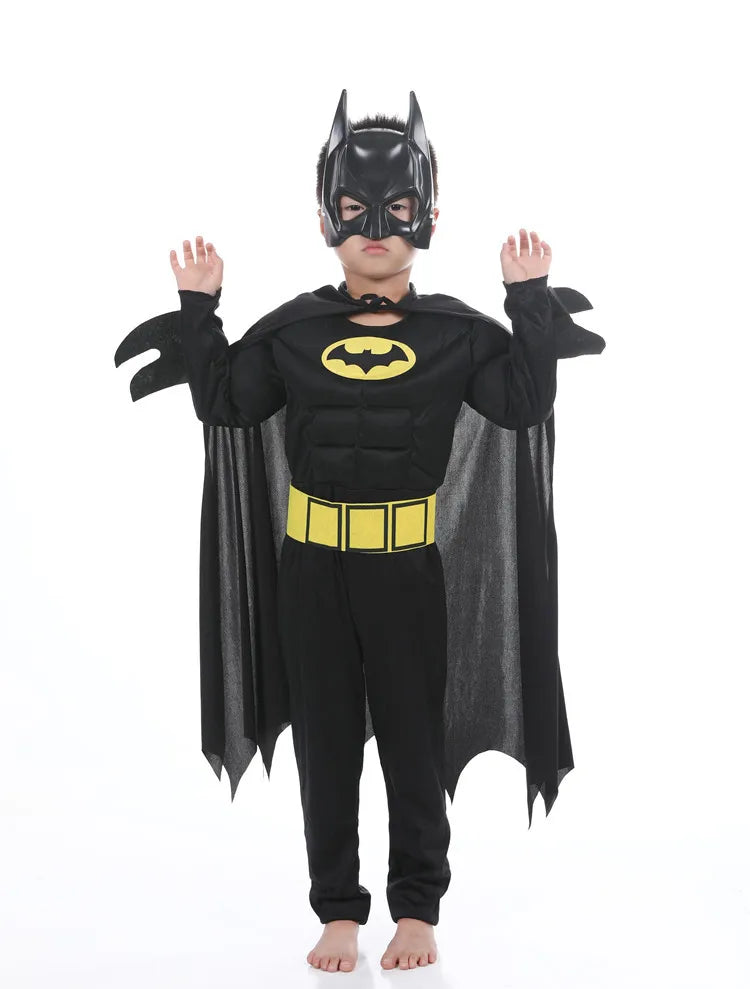 Kids Batman costume with cape featuring a black mask and iconic logo for fun dress-up play