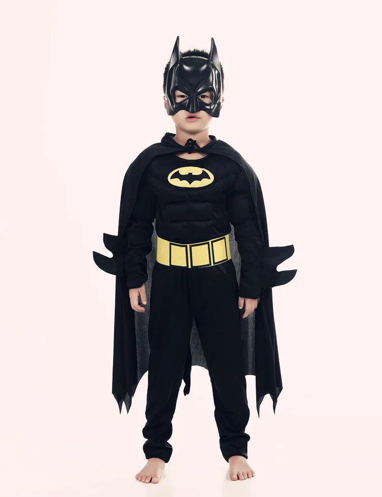 Kids Batman costume with cape featuring a mask and classic bat logo for imaginative play