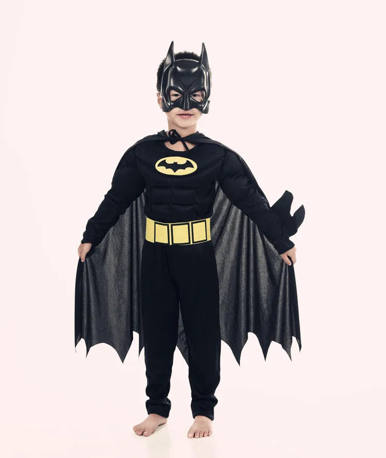 Kids Batman costume with cape featuring a mask and detailed black outfit for superhero play
