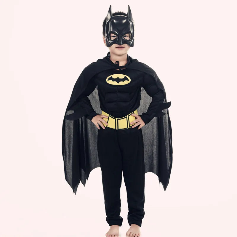 Kids Batman costume with cape featuring a mask and iconic logo for imaginative play