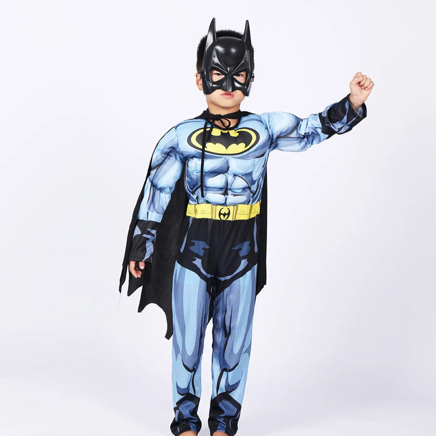 Kids Batman costume with cape featuring a detailed muscle design and iconic mask for superhero playtime