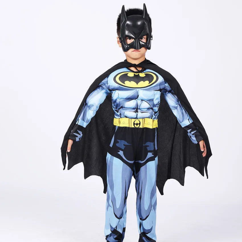 Kids Batman costume with cape featuring a muscular design and iconic bat symbol on the chest