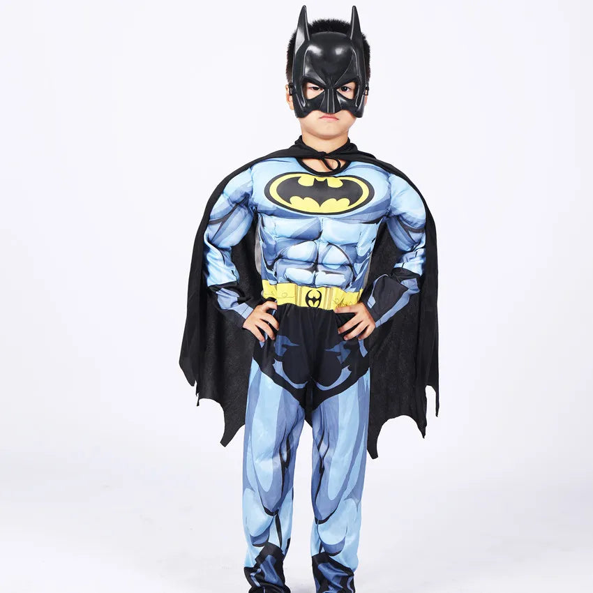 Kids Batman costume with cape featuring iconic bat symbol and muscle design for playful superhero fun