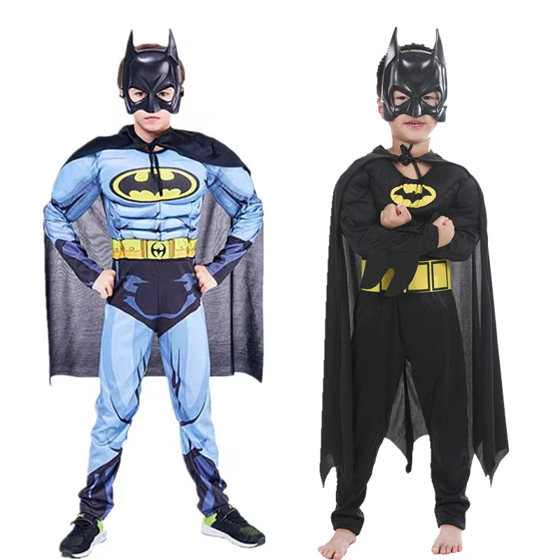Two kids wearing Batman costumes with capes, featuring masks and iconic designs for superheroes