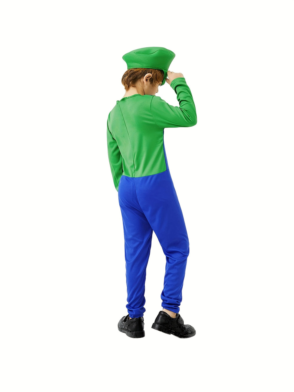 Back view of a kids Halloween jumpsuit in green and blue for fun costume play