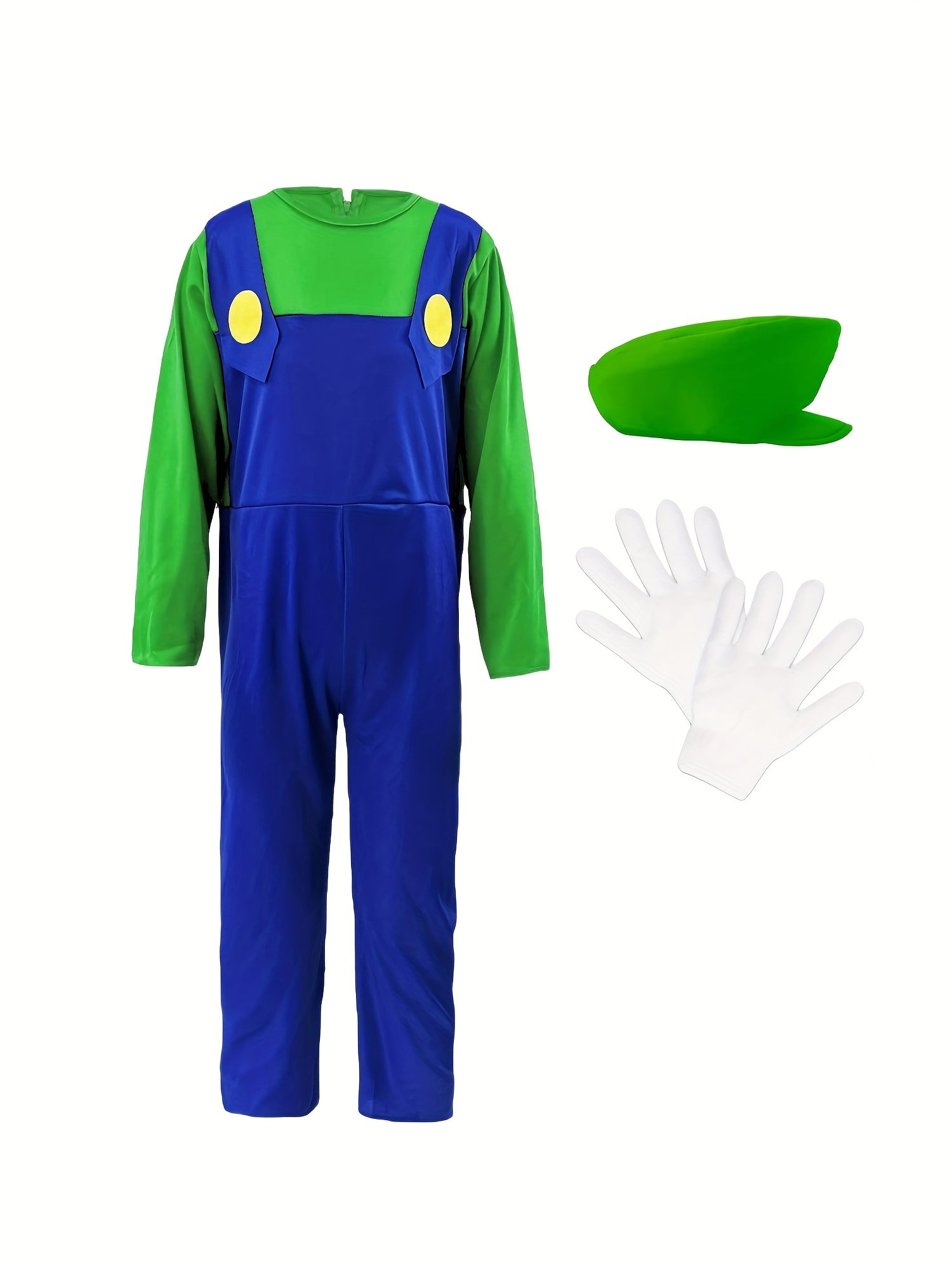 Kids Halloween jumpsuit featuring blue overalls and green shirt with gloves and hat for costume fun