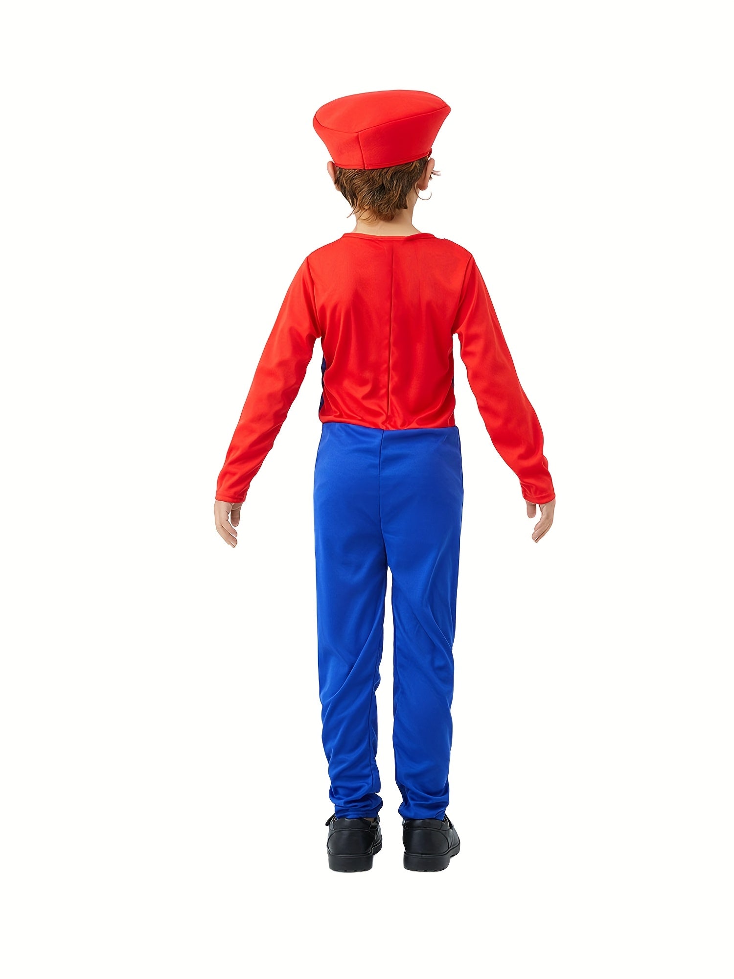 Back view of kids Halloween jumpsuit featuring red top and blue pants with a red hat