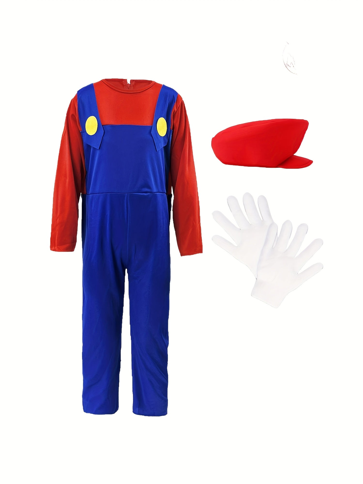 Kids Halloween jumpsuit costume set with blue overalls, red shirt, white gloves, and a red hat