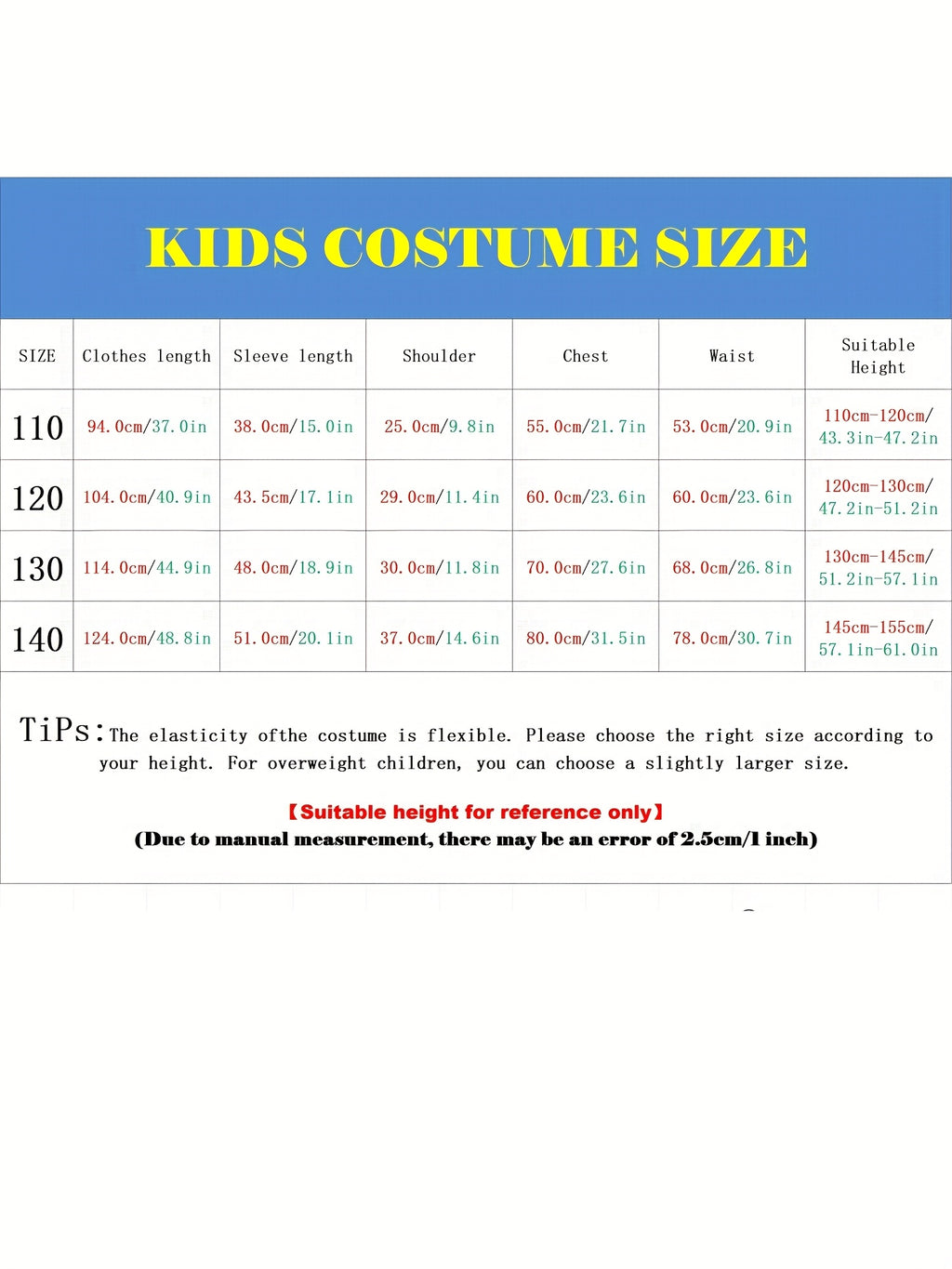 Kids Halloween jumpsuit size chart with measurements for various sizes and recommendations for fitting