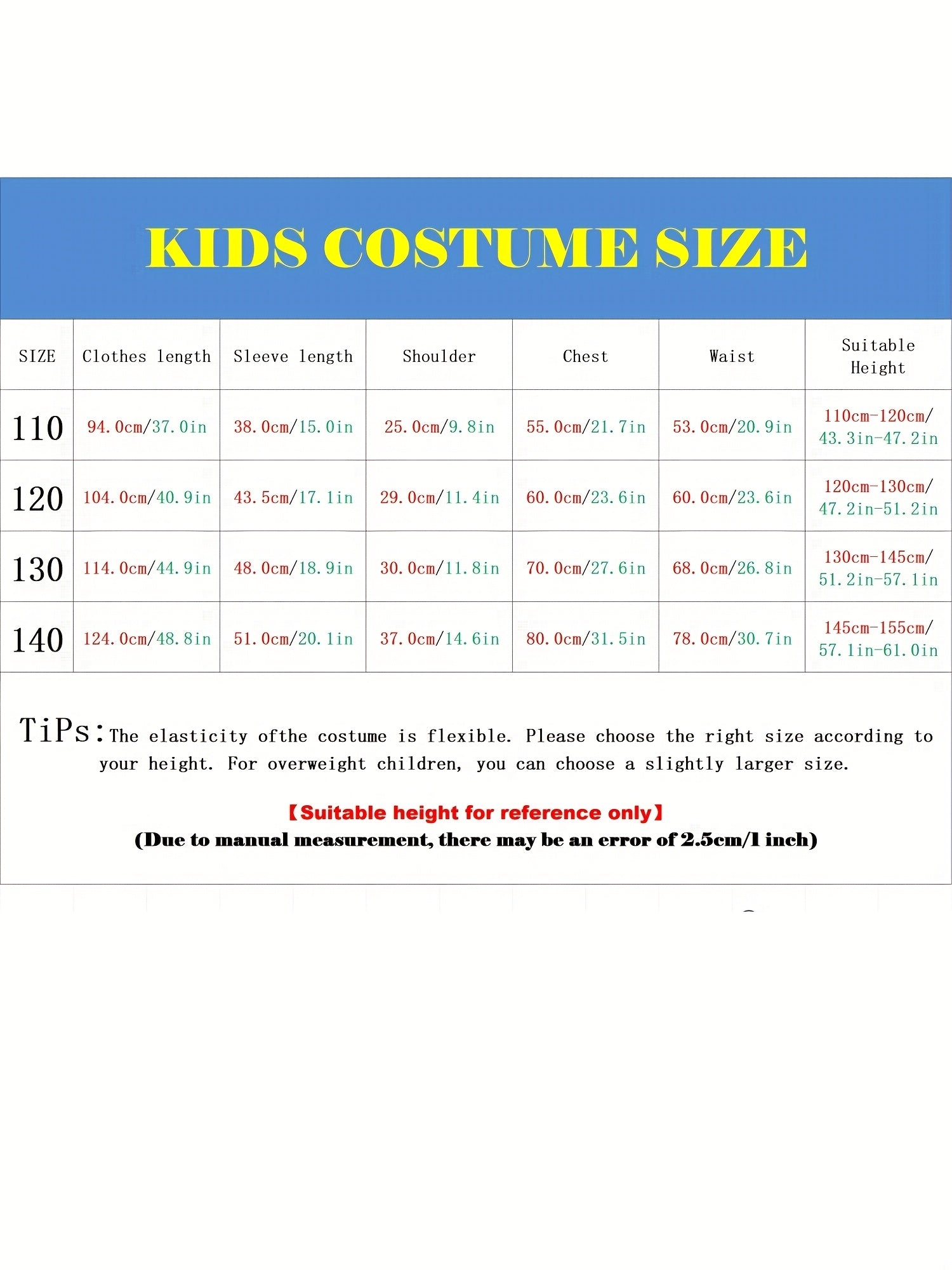 Kids Halloween jumpsuit size chart with measurements for various sizes and recommendations for fitting
