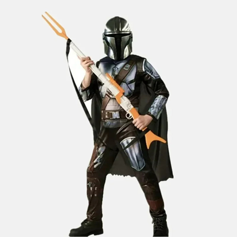 Kids Mandalorian Halloween costume with helmet and blaster for fun dress-up play