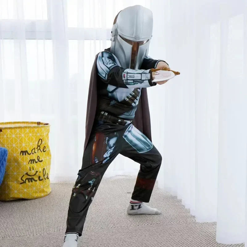 Kids Mandalorian Halloween costume featuring a cape and detailed armor design for fun dress-up play