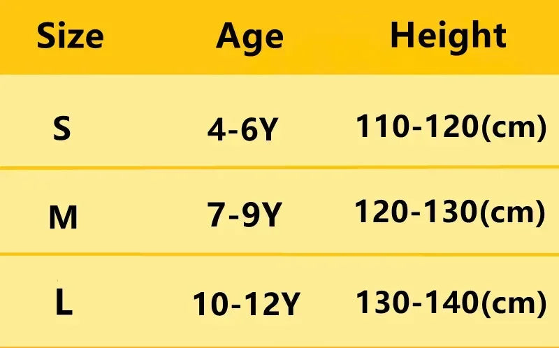 Size chart for kids Mandalorian Halloween costume showing ages and height measurements