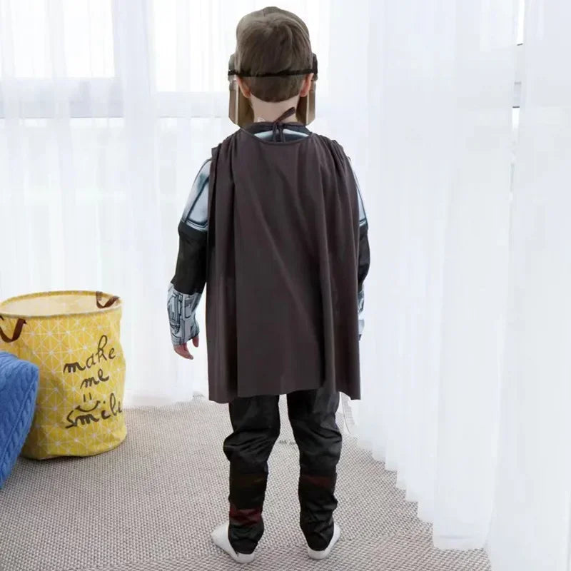 Kids Mandalorian Halloween costume featuring a dark cape and helmet for imaginative play