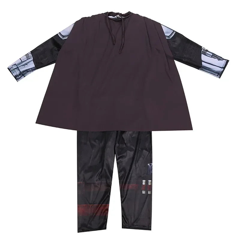 Kids Mandalorian Halloween costume featuring a hooded cape and pants inspired by the popular character