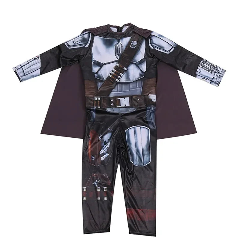 Kids Mandalorian Halloween costume with realistic armor design and cape for easy dress-up fun