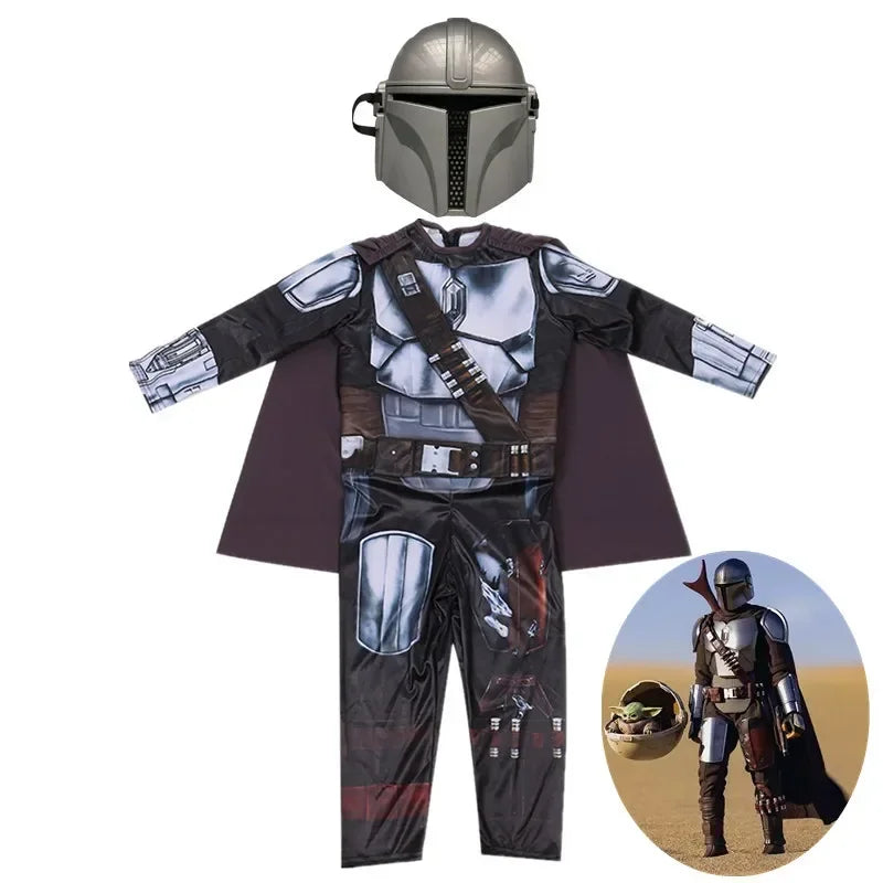 Kids Mandalorian Halloween costume featuring a helmet and detailed jumpsuit for young fans