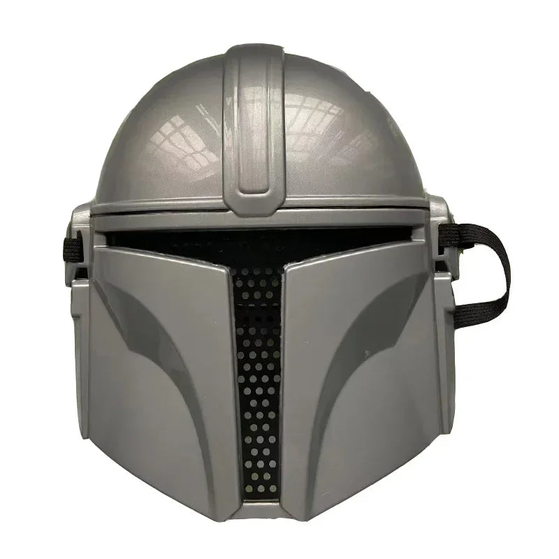 Kids Mandalorian Halloween costume helmet with gray design and adjustable strap for a perfect fit
