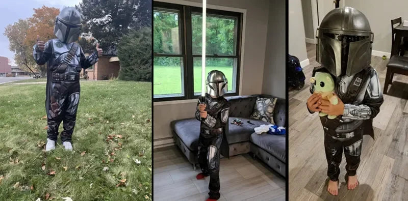 Kids Mandalorian Halloween costume featuring full-body suit and helmet, perfect for young fans