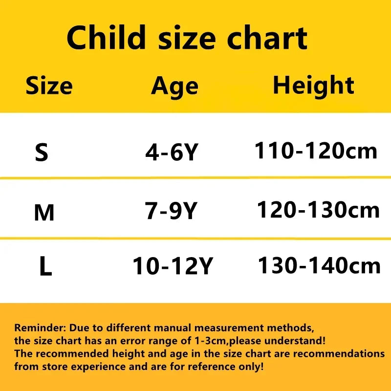 Child size chart for kids Mandalorian Halloween costume showing sizes and height recommendations
