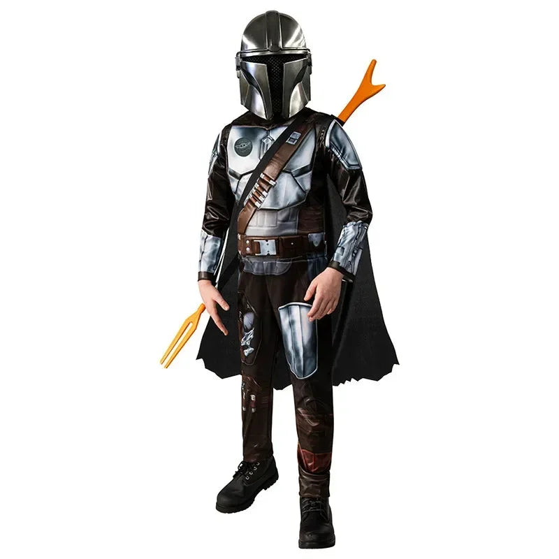 Kids Mandalorian Halloween costume with a full mask, cape, and detailed armor design