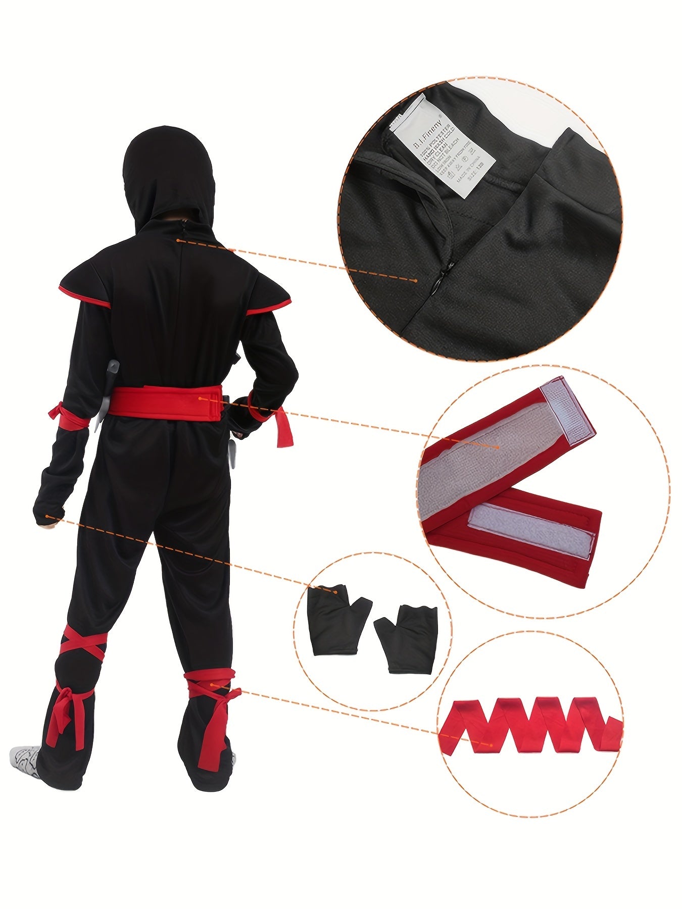 Kids ninja costume with accessories featuring a hood, gloves, and adjustable waist belt for playful adventures