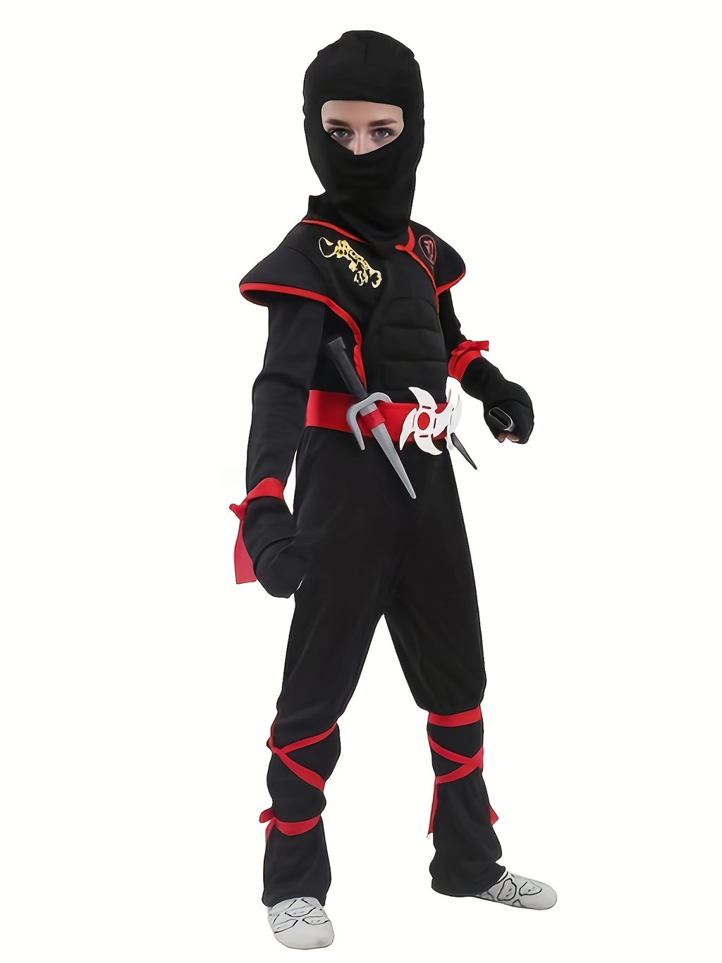 Kids ninja costume with accessories featuring a black outfit and red detailing perfect for dress-up or Halloween