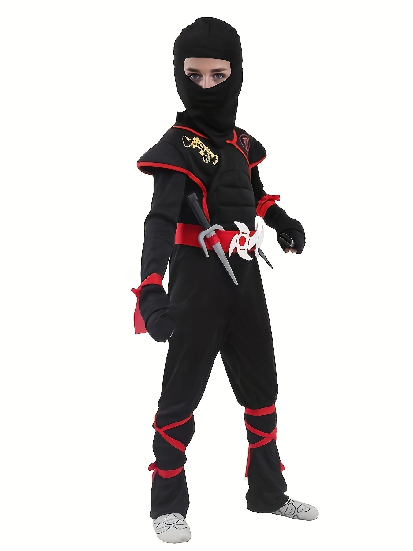 Kids ninja costume with accessories featuring a black outfit and red detailing perfect for dress-up or Halloween