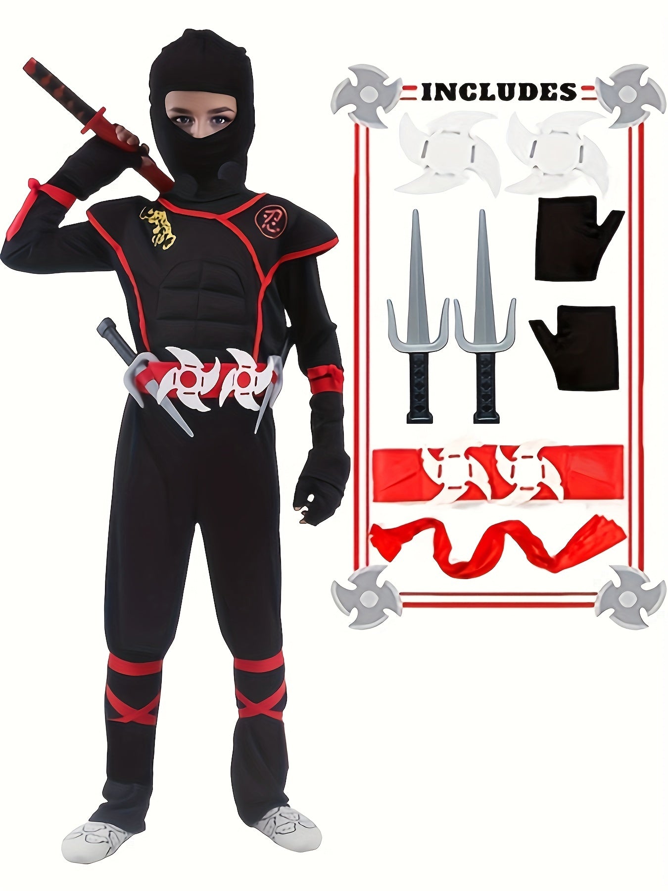 Kids ninja costume with accessories featuring a mask, toy weapons, and gloves for imaginative play