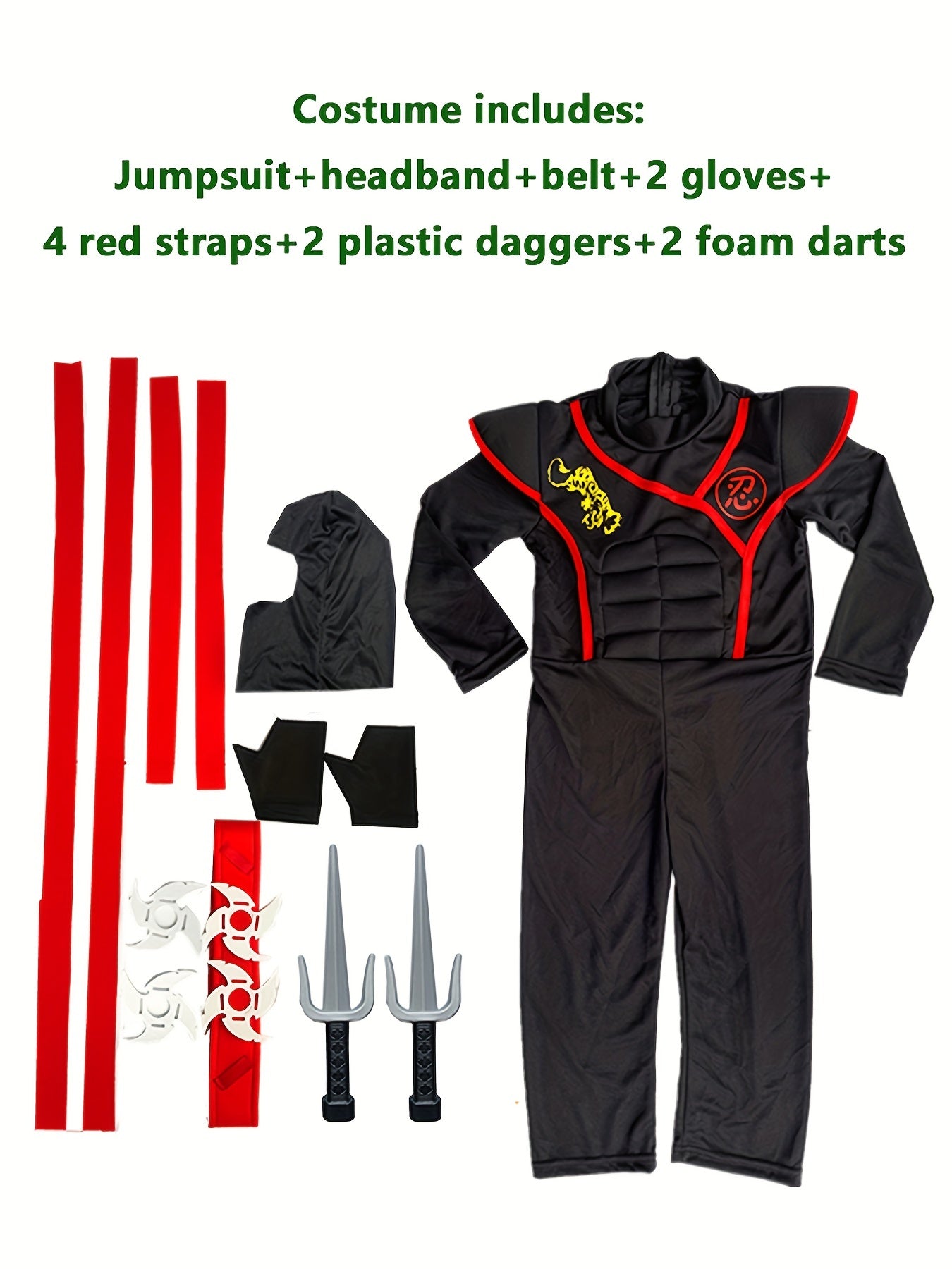 Zoomies & Co kids ninja costume with accessories including jumpsuit, headband, gloves, and weapons