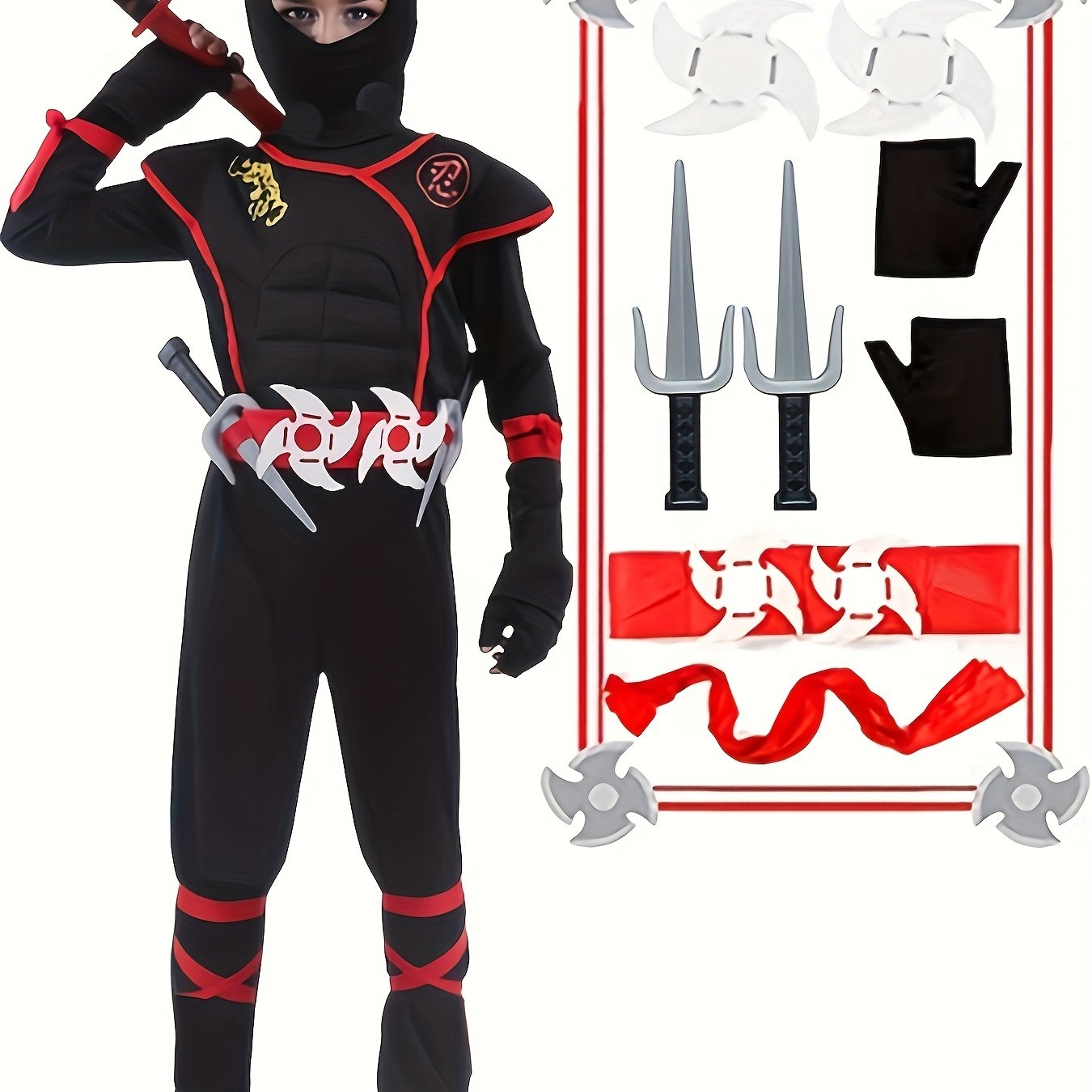 Kids ninja costume with accessories, featuring a black jumpsuit, shuriken, and swords for active play