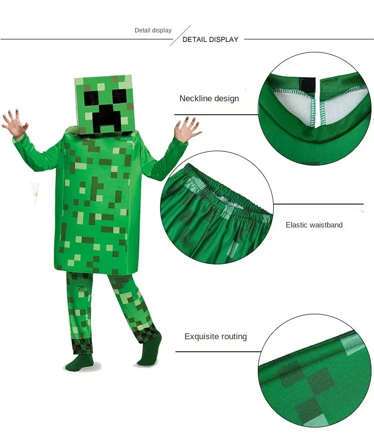 Kids pixel man cosplay costume in green with elastic waistband and neckline design for playtime fun