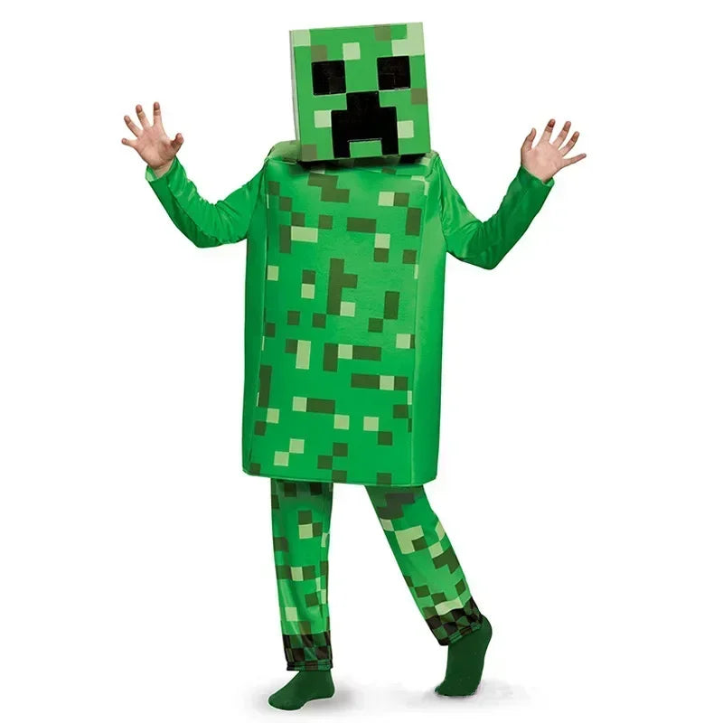 Kids pixel man cosplay costume featuring a green pixelated design for creative pretend play