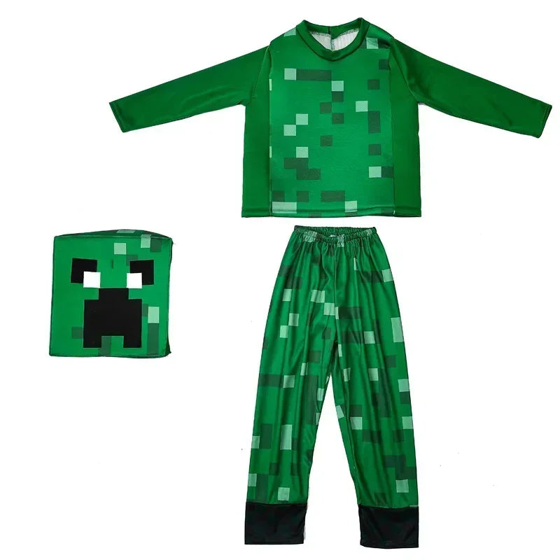 Kids pixel man cosplay costume in green with pixelated design for themed parties and dress-up fun