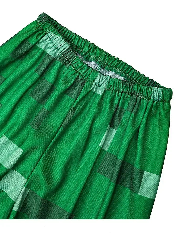 Kids pixel man cosplay costume green shorts featuring a comfortable elastic waistband