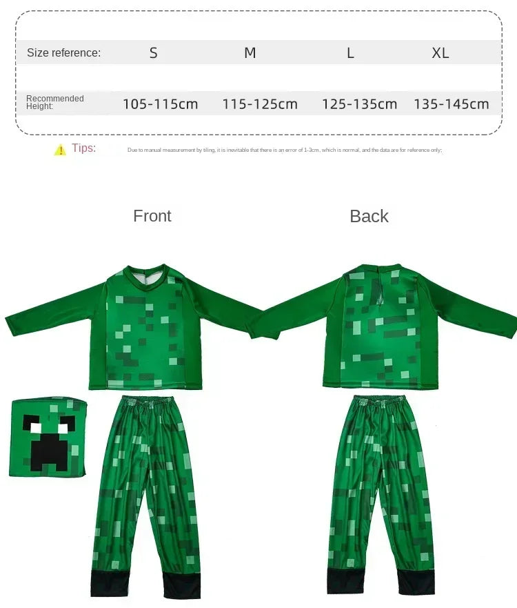 Kids pixel man cosplay costume featuring green top and pants with pixelated design for imaginative play