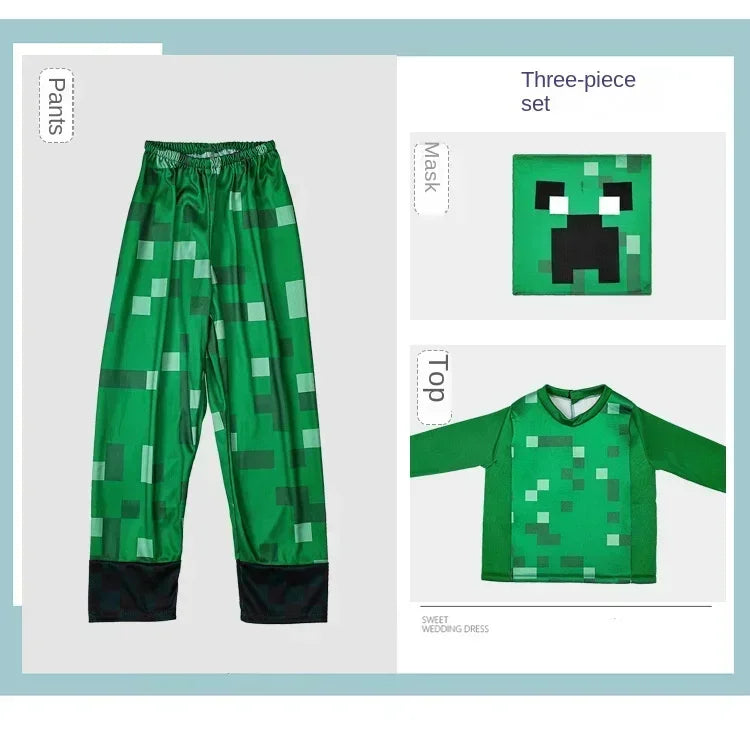 Kids pixel man cosplay costume including pants, top, and mask for imaginative play
