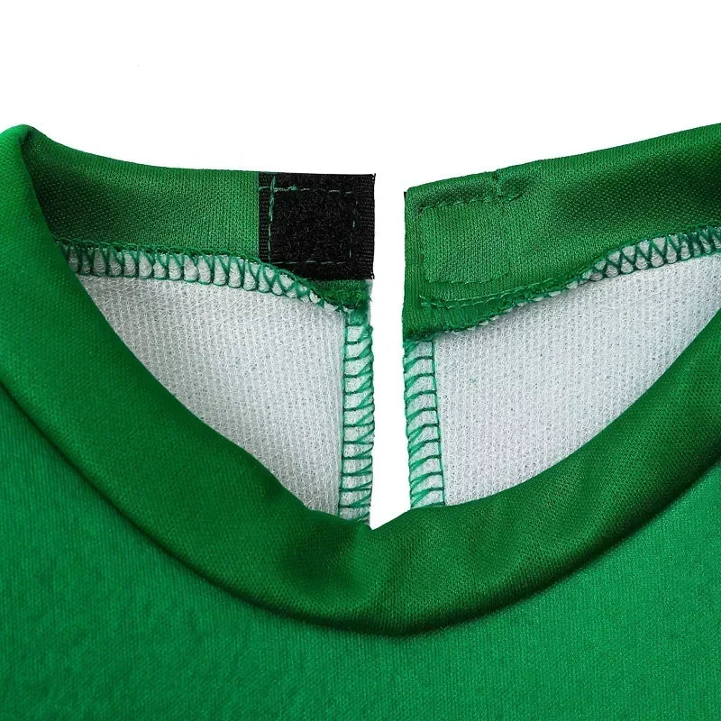 Close-up of the neckline of a kids pixel man cosplay costume in vibrant green fabric
