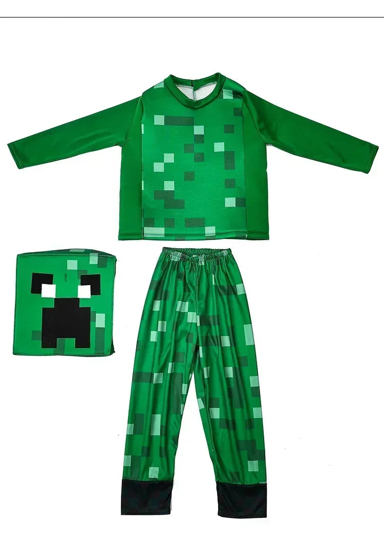 Kids pixel man cosplay costume in green with matching top, pants, and face mask for Minecraft fans