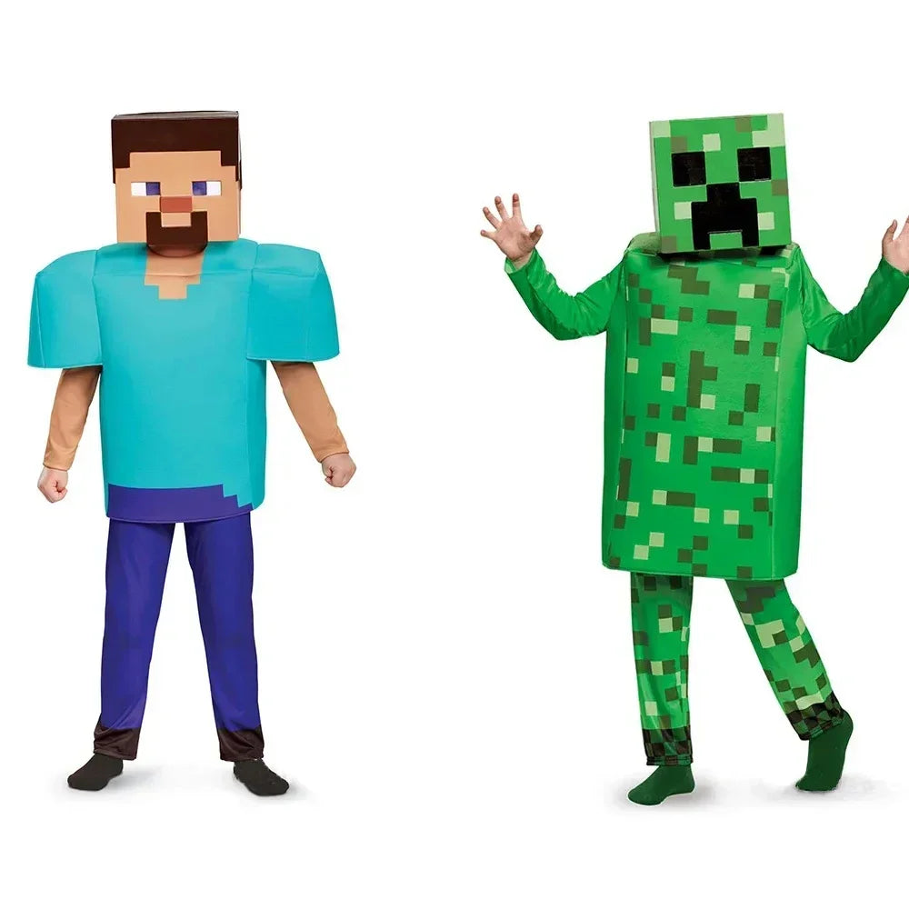 Kids pixel man cosplay costume featuring a blocky character design and vibrant colors for fun play