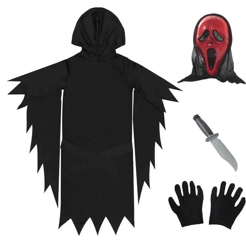 Kids scream costume Halloween 2025 with hooded robe, mask, gloves, and prop knife for spooky fun