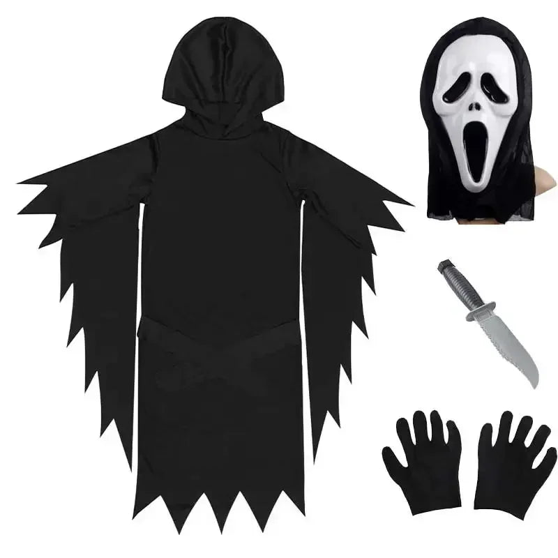 Kids scream costume Halloween 2025 with hooded robe, mask, gloves, and toy knife for a spooky look