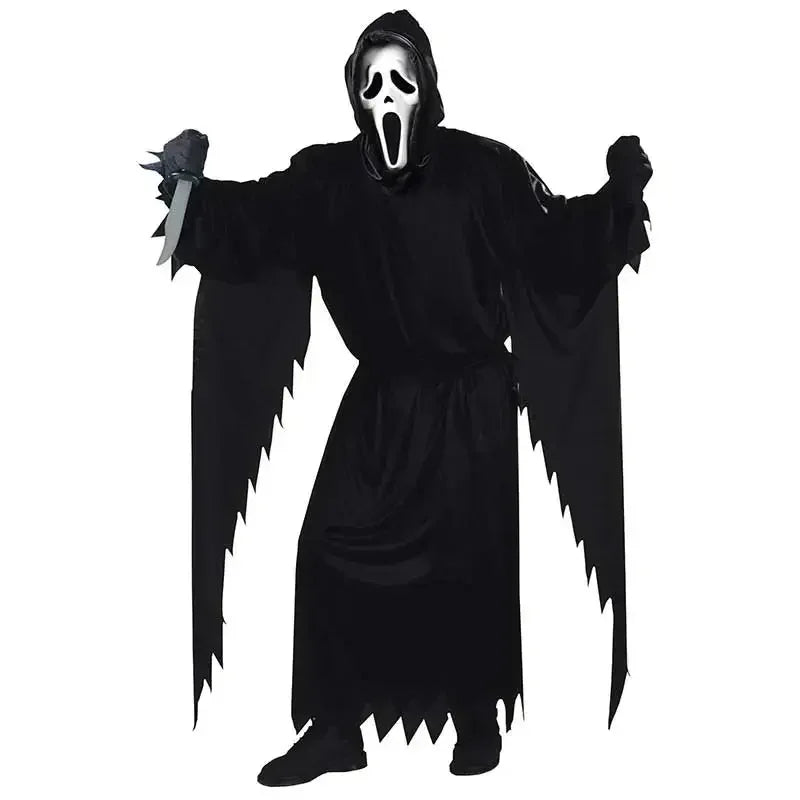 Kids scream costume Halloween 2025 featuring a classic ghost face design with a robe and fake knife
