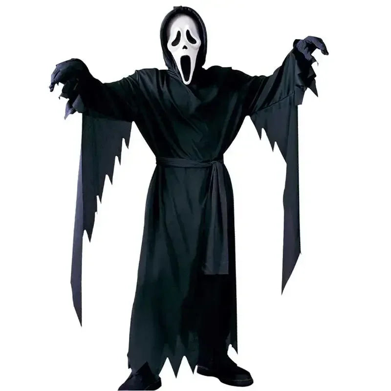 Kids Scream Costume for Halloween 2025 featuring a hooded black robe and iconic mask