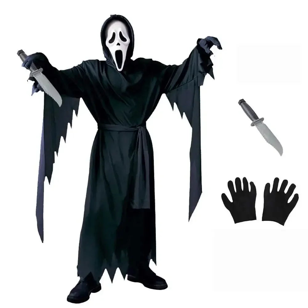Kids Scream costume Halloween 2025 with black robe, mask, gloves, and knife prop for spooky fun