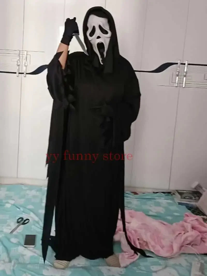 Kids scream costume Halloween 2025 featuring a black robe and ghostly mask for spooky fun